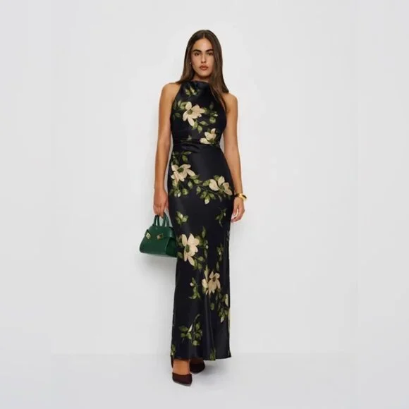 NEW Reformation Anaiis Silk Long Black Floral Backless Dress Mood for Love US 6 - Picture 13 of 16